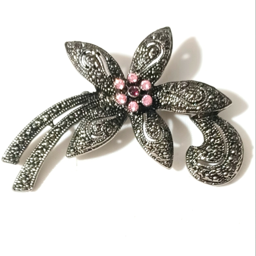 PRIMINA FLOWER SILVER MARCASITE BROOCH PINK CRYSTAL'S